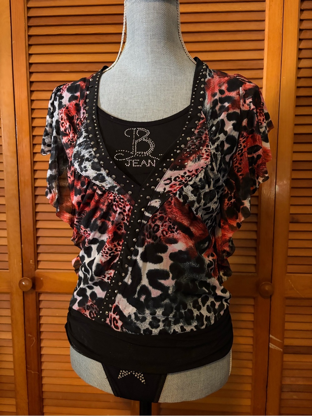 Y2K Mcbling Black & Red Leopard Print Rhinestone Ruffle Flutter Sleeve Top